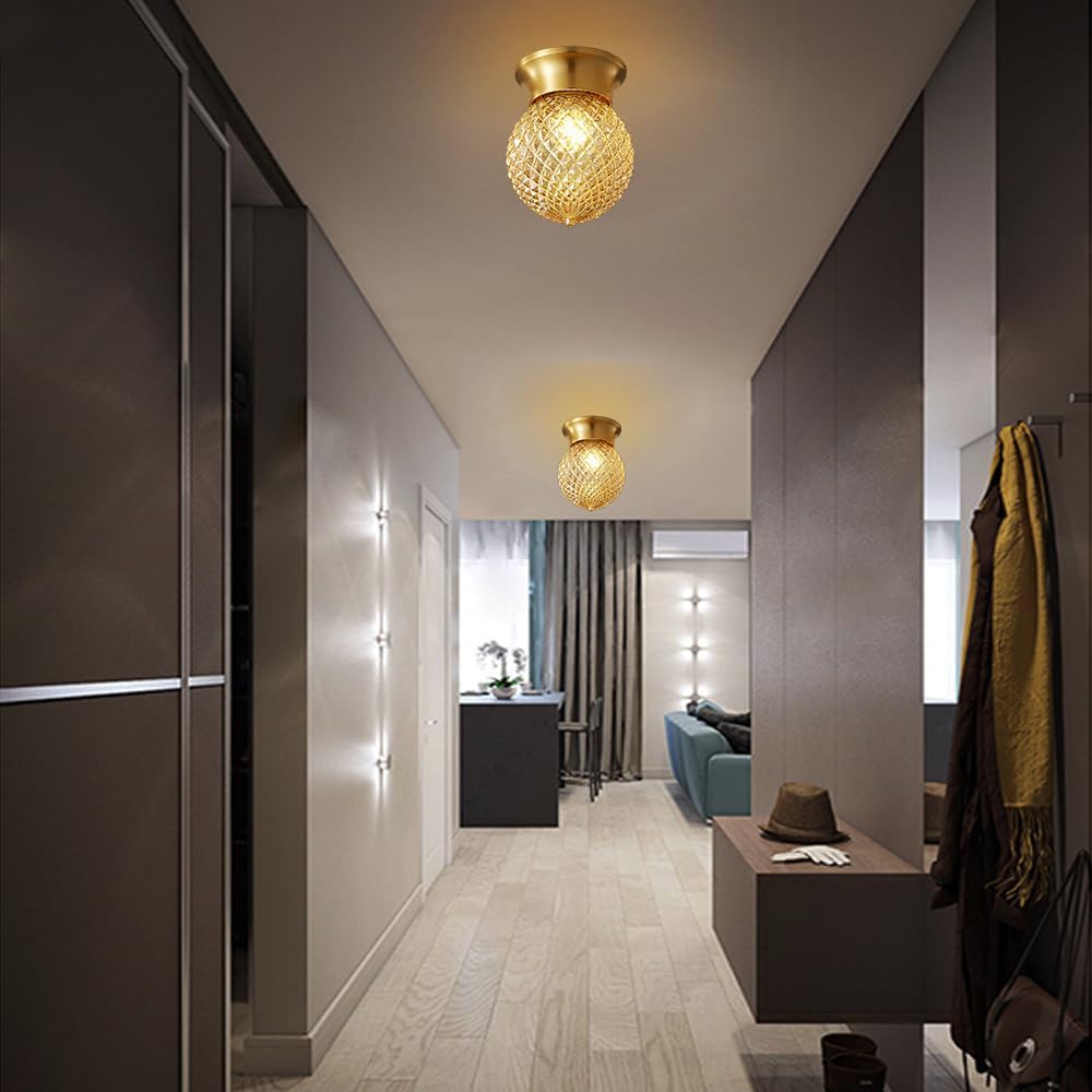 Ceiling Lights Modern Brass Flush Mount Ceiling Light Fixture with Textured Glass Globe Shade Base Gold Tone Hallway Entryway Balcony Lamp for Small Spaces Decor(A)