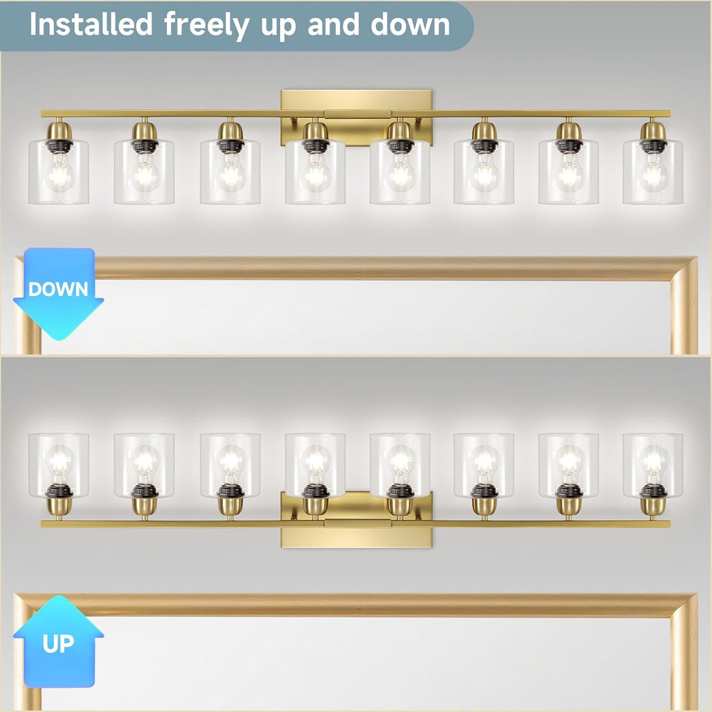 Bath Vanity Lights for Mirror, Restroom Lights Fixtures with Milky White Frosted Glass Shades,Bathroom Over Sink Light Fixtures (Gold & Clear Glass, 8-Light)