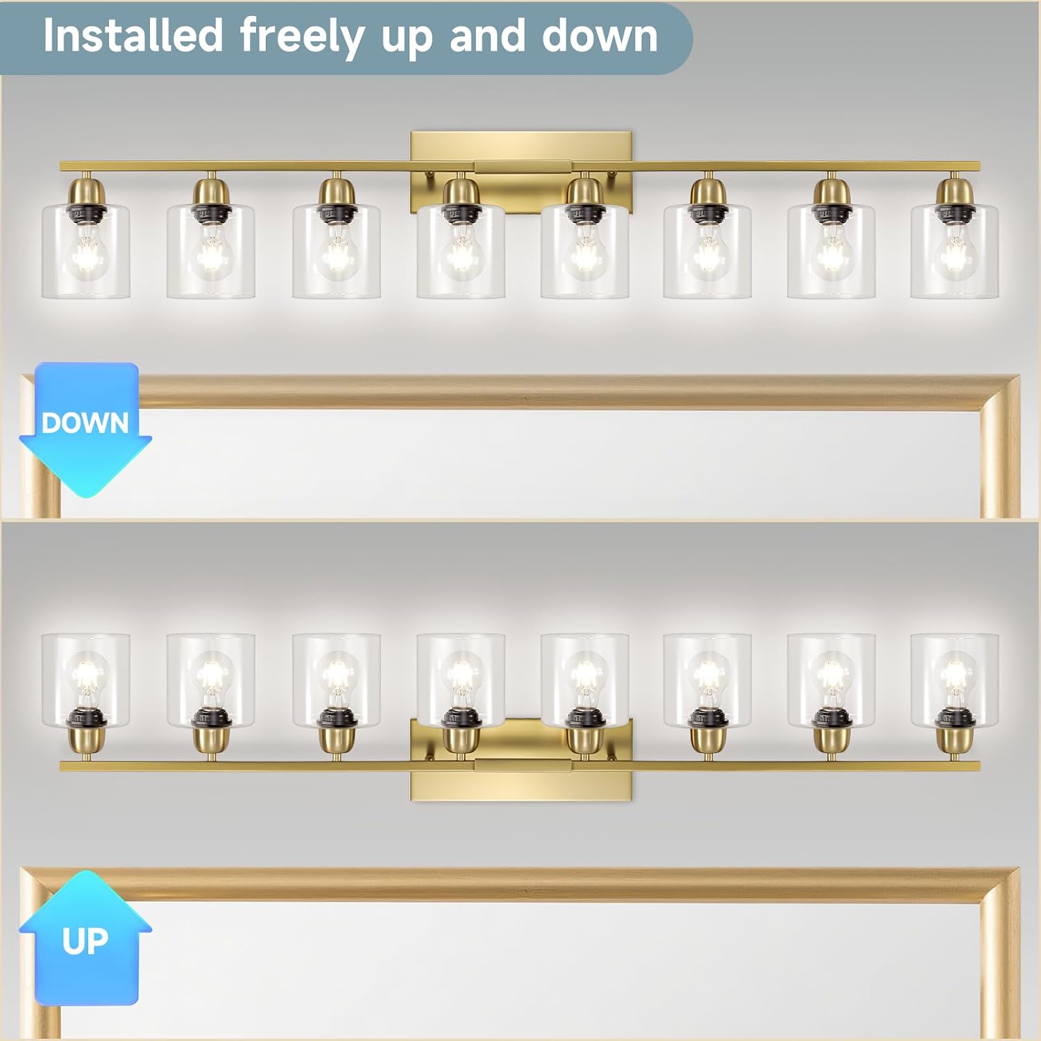 Bath Vanity Lights for Mirror, Restroom Lights Fixtures with Milky White Frosted Glass Shades,Bathroom Over Sink Light Fixtures (Gold & Clear Glass, 8-Light)