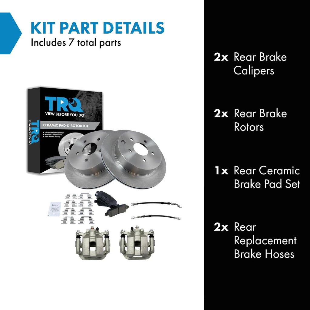 TRQ Rear Brake Pad and Rotor Set Ceramic Rotors Calipers Hoses Compatible with 2003-2007 Nissan Murano