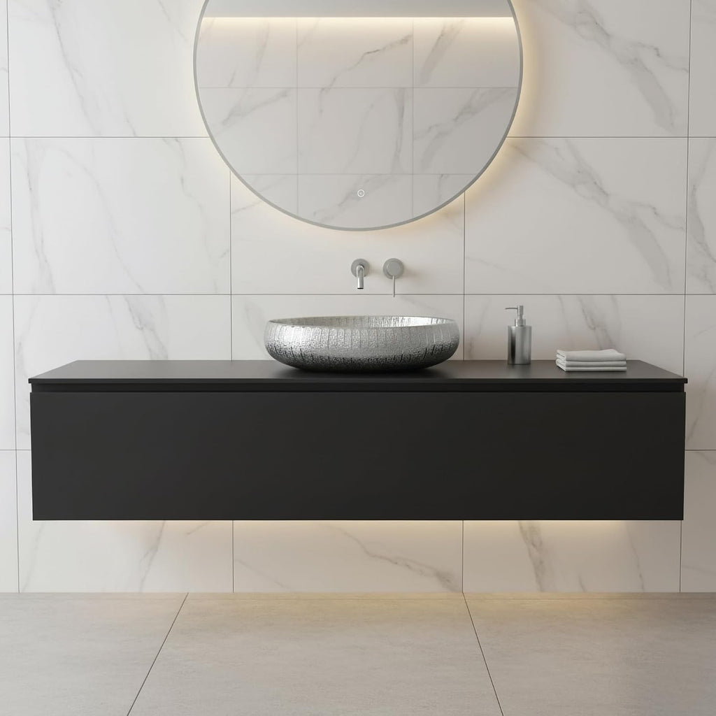Fine Fixtures 23' x 15' Luxury Silver Vessel Bathroom Sink - Oval Ceramic Sink Bowl, Elegant Countertop Wash Basin, Perfect Sink for Vanity Top Installation