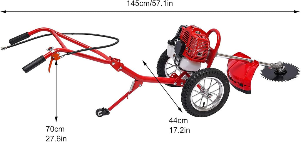 Walk Behind String Trimmer, 1.8KW Hand-Pull 2 Stroke Air-Cooled Single-Cylinder Lawn Mower Gas Powered 49CC 57.1X17.2X27.6 Inch Walk Behind Weed Trimmer for Lawn Garden
