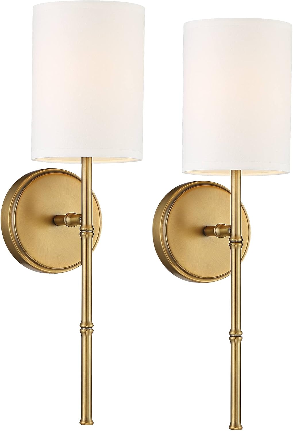Regency Hill Abigale Modern Wall Light Sconces Set of 2 Brass Gold Metal Hardwired 5' Fixture White Fabric Shade for Bedroom Bathroom Vanity Living Room Home Hallway Dining Kitchen House