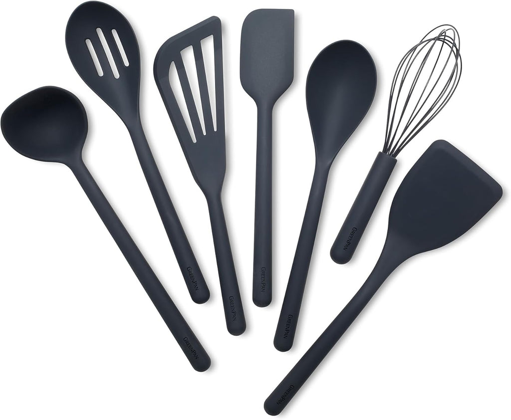 GreenPan Silicone 7 Piece Cooking Utensil Set, Ladle, Turners, Spatula, Spoons, Whisk, Flexible Nonstick Kitchen Tools Rigid Steel Core, Heat-Resistant, Anti-Slip Handle BPA-Free Dishwasher Safe, Gray