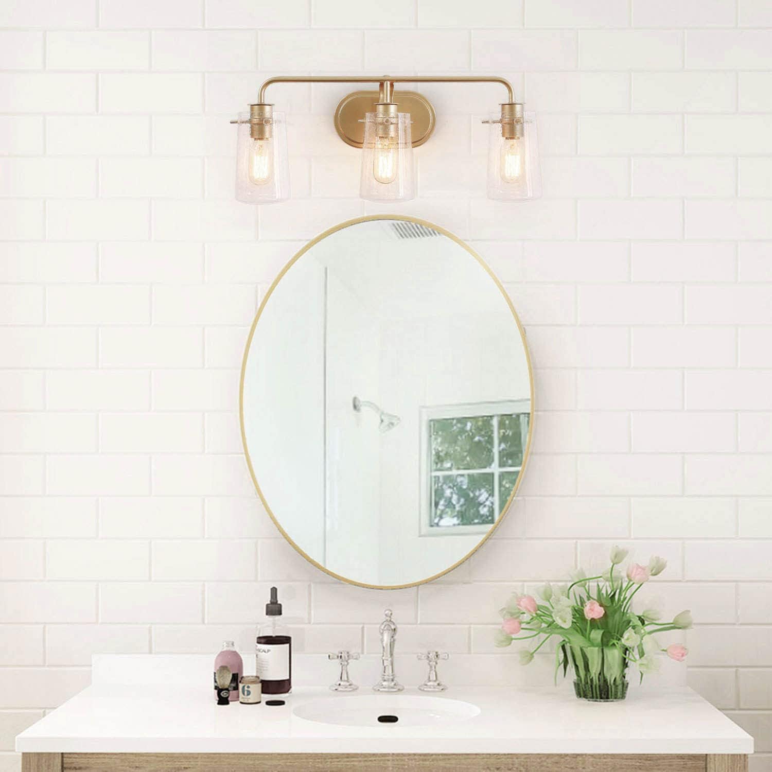KSANA Gold Bathroom Light Fixtures, Modern Vanity Lights for Bathroom, 3-Light Bathroom Lights Over Mirror with Seeded Glass Shade and Soft Gold Finish, 22.5'' L x 5.5' W x 9'' H