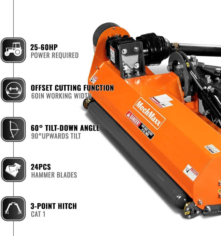 MechMaxx 60' Inch PTO Drive 3 Point Hitch Offset Flail Ditch Bank Mower for 25-60HP CAT 1 Tractor, 77'' Offset Distance,60°/90° Rotation Angle, 24 Hammers, Model VAM60