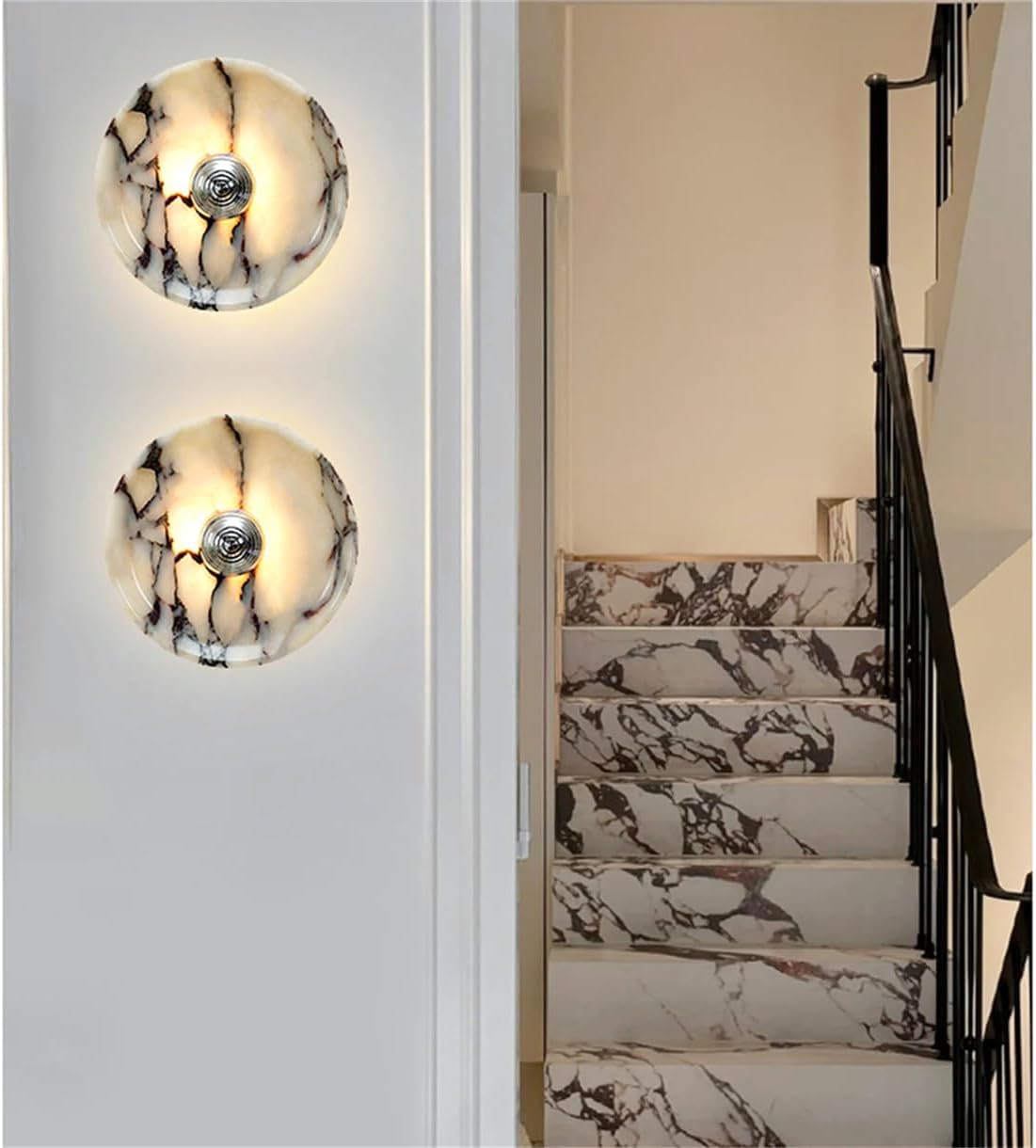 Wabi Vintage Natural Marble Wall Sconce - Circular Alabaster LED Lamp for Bathroom & Home with Gold/Silver Iron Details(Silver)