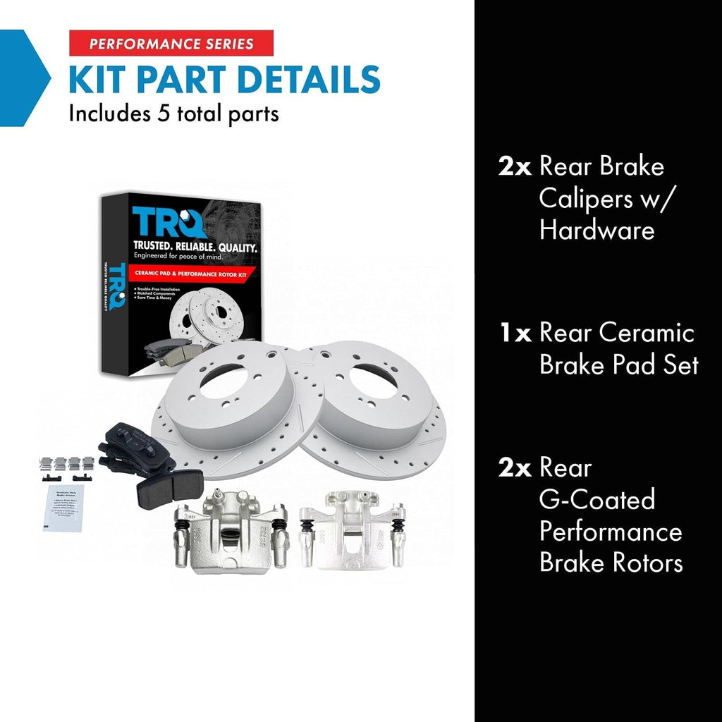 TRQ Performance Rear Brake Pad and Rotor Set Ceramic Solid G Coated Rotors Calipers Compatible with 2009-2011 Mitsubishi Lancer 2008-2013 Outlander
