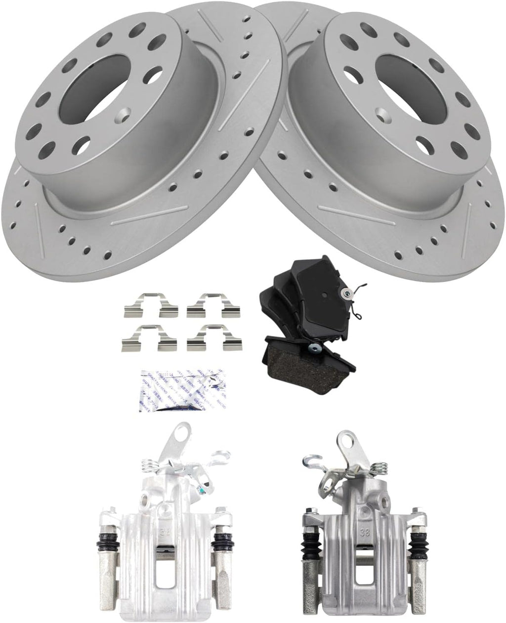 TRQ Performance Rear Brake Pad and Rotor Set Ceramic Solid Rotors Calipers Compatible with 2010-2013 Audi A3