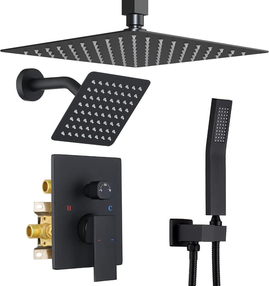 Dasan Dual Rainfall Shower System with Valve & handheld,Luxury Shower Faucet Set With Ceiling Mounted 12' & 6' Shower Head,Matte Black Tandem Shower Head System for Couples 2 Person