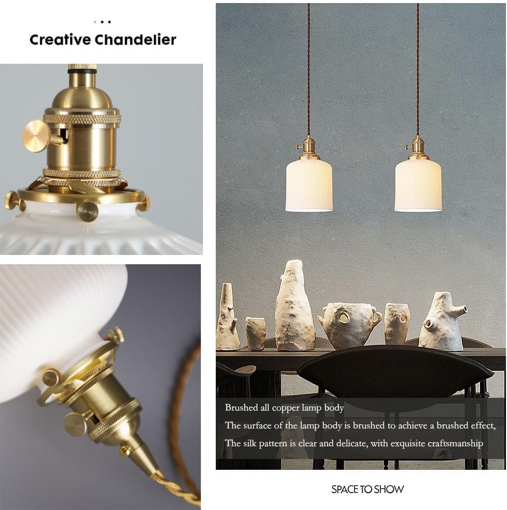 Modern White Opal Glass Pendant Light, Nordic Vintage Adjustable Hanging Lamp with Brushed Brass Finish, Ceiling Fixture for Kitchen Island Bathroom Bedroom Dining Room(5.5')