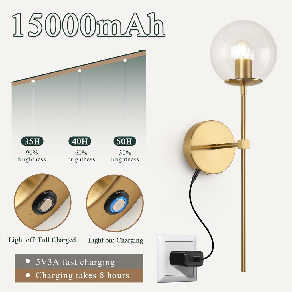 Battery Operated wall Sconce Set of 2 Glass Globe 3000~6000K Rechargeable Wall Light Fixture Wireless Wall Lights with Clear Glass Shade for Living Room, Hallway, Bedroom(2 Pack)