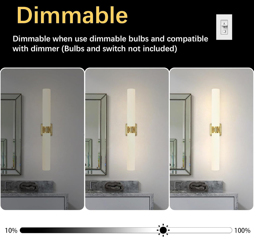 Gold Wall Sconces Set of Two, 32 Inch Bathroom Sconces with Frosted Glass, Modern Sconces Wall Light Fixtures for Bathroom Mirror Living Room Bedroom Hallway (Bulbs Not Included)