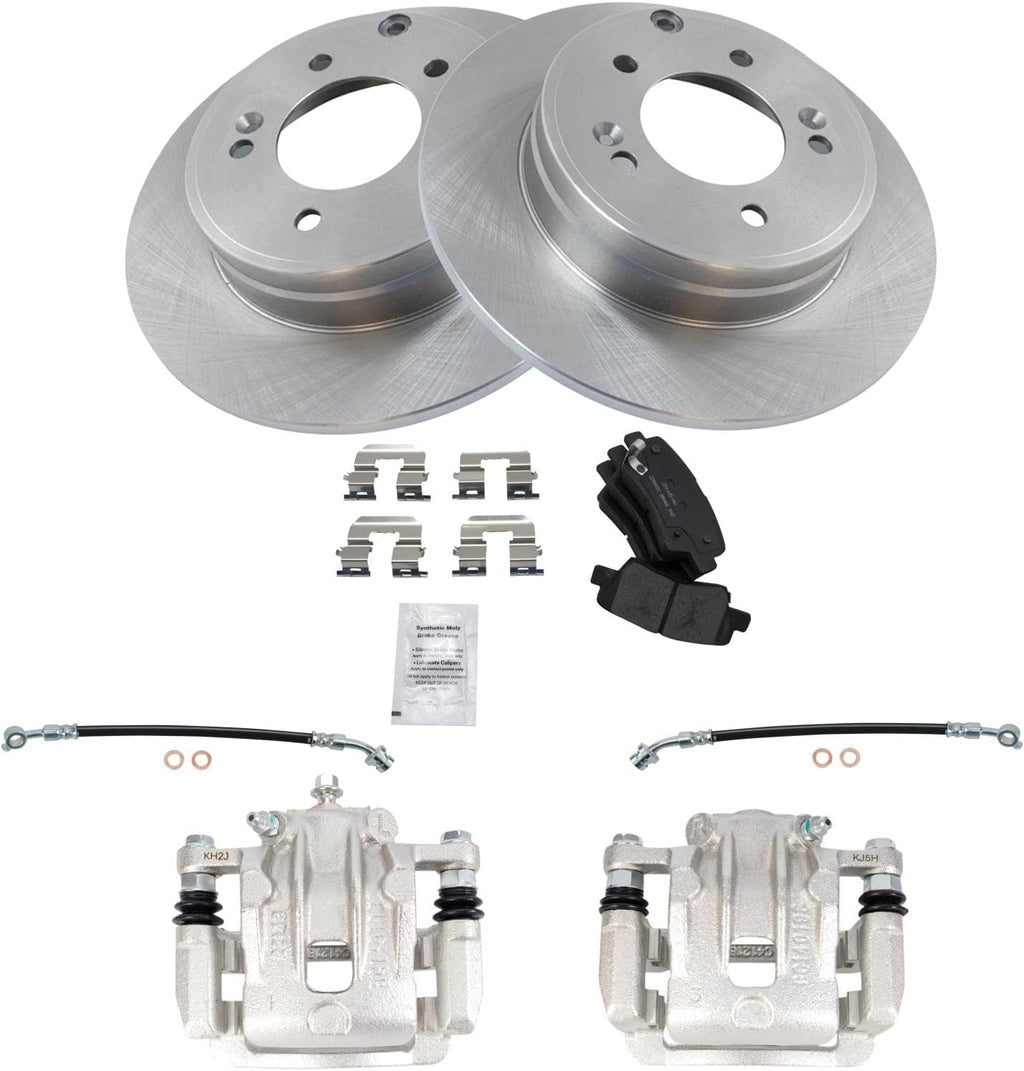 TRQ Rear Brake Pad and Rotor Set Ceramic Rotors Calipers Hoses Compatible with 2012-2017 Hyundai Azera 2011-2015 Kia Optima