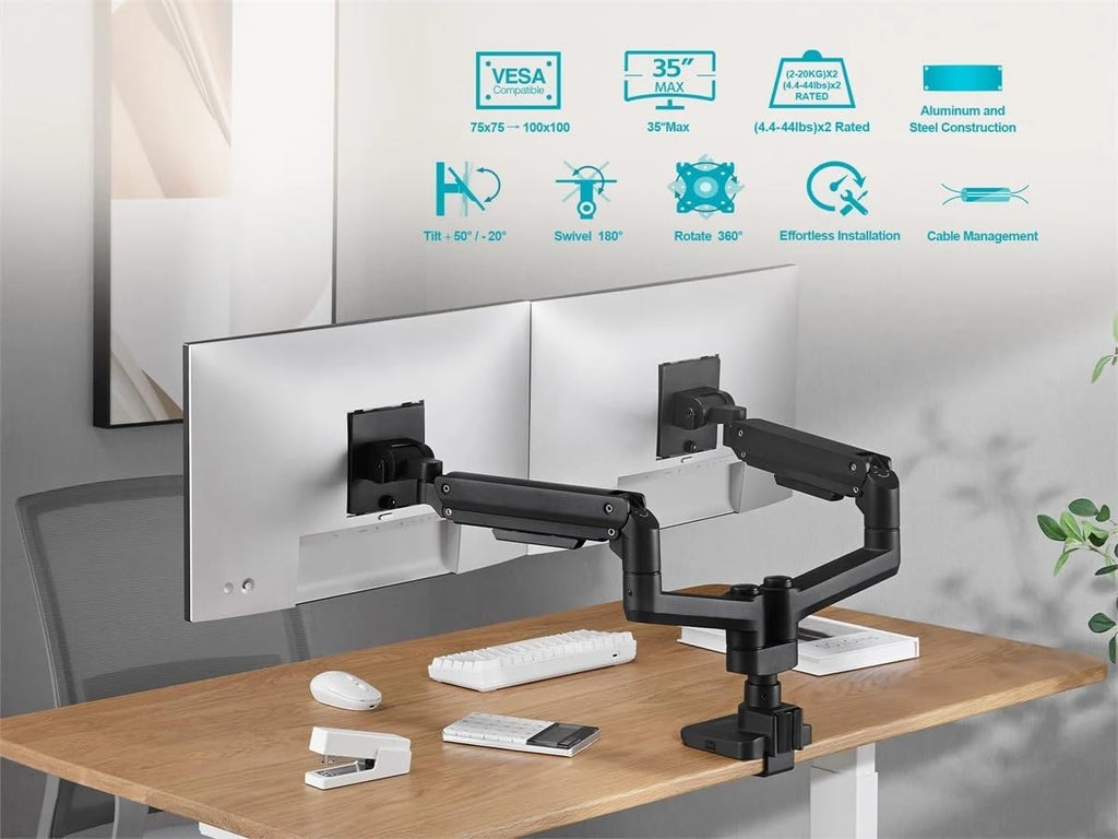 Monoprice Heavy Duty Dual Monitor Gas Spring Desk Mount - Up to 35in/44 lbs Ultrawide Screens, Detachable VESA 100x100/75x75 Plate, Topside Installation