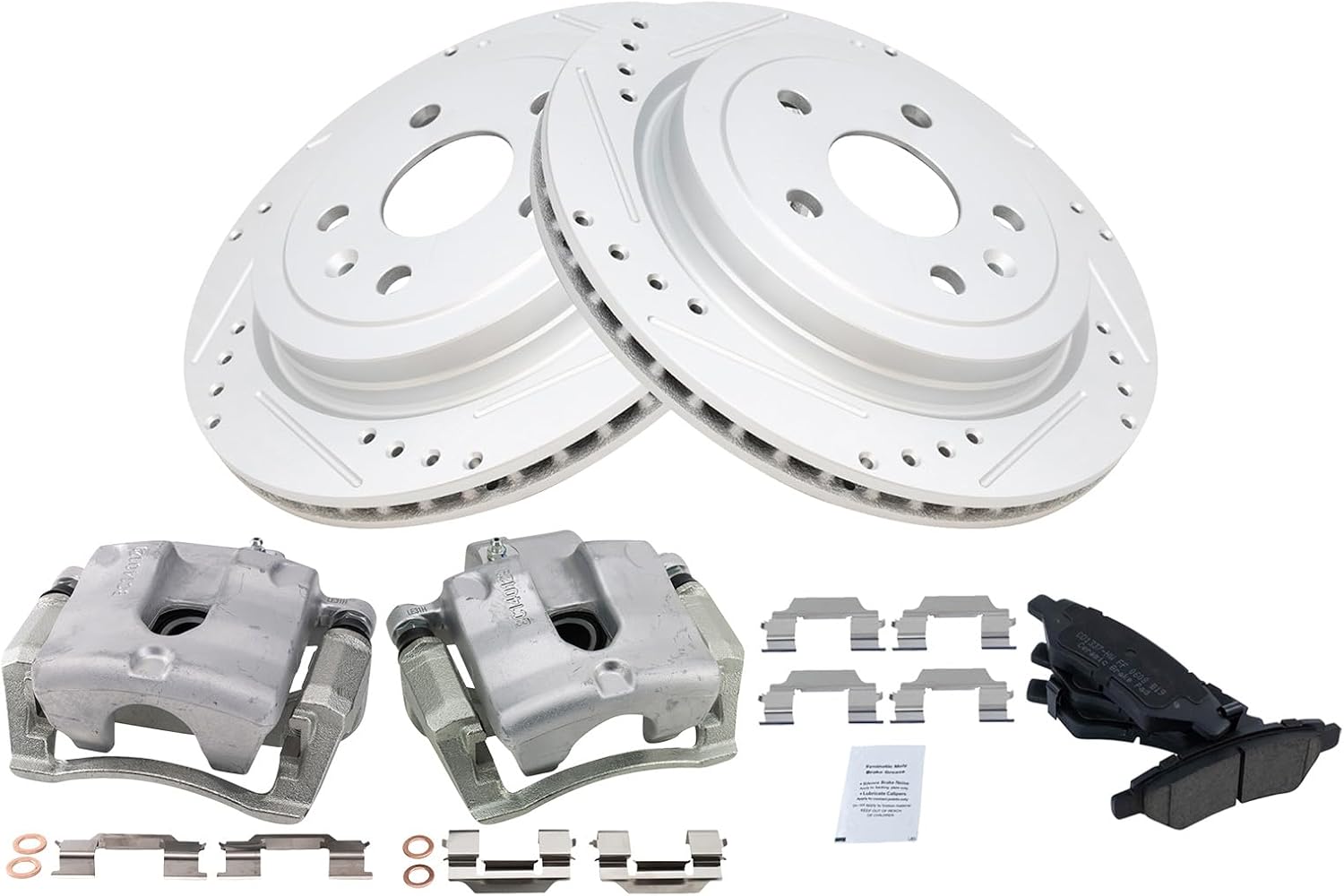 TRQ Performance Rear Brake Pad and Rotor Set Ceramic Vented Slotted Drilled Coated Rotors Calipers Compatible with 2010-2015 Chevrolet Camaro