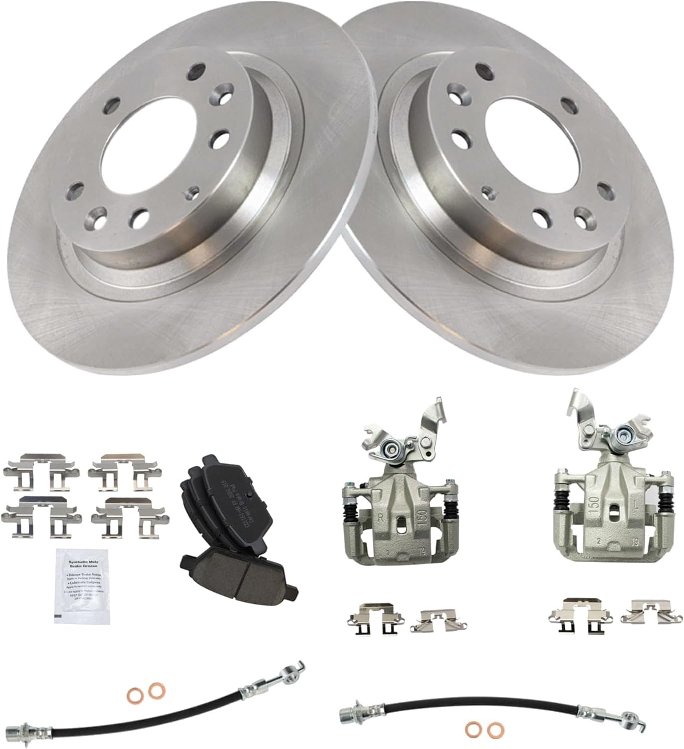 TRQ Rear Brake Pad and Rotor Set Ceramic Rotors Calipers Hoses Compatible with 2009-2012 Ford Fusion Lincoln MKZ 2009-2011 Mercury Milan