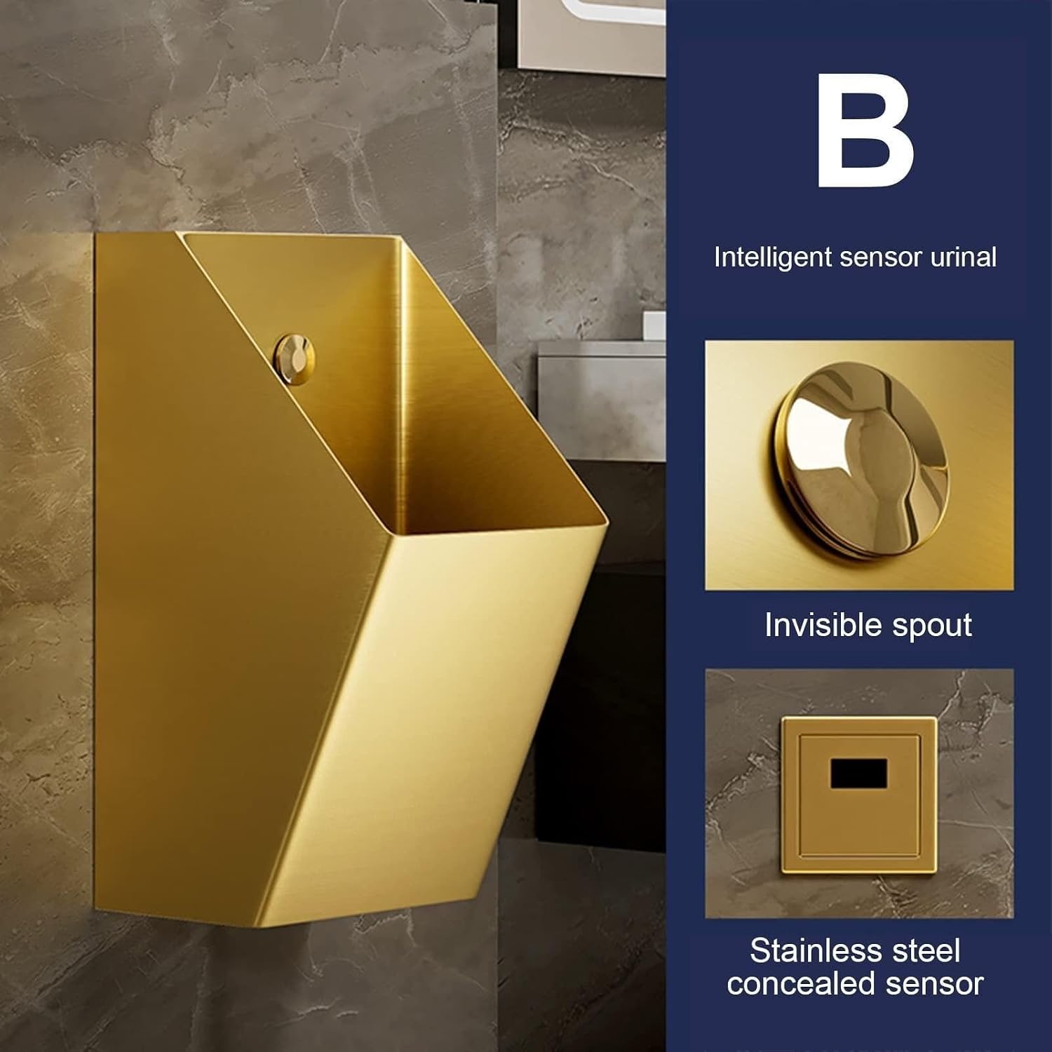 Wall Mounted Smart Men Urinal, 304 Stainless Steel Bathroom Urinals, Toilet Efficient Flushing Urinal, Male Sanitary Ware Public Toilet Urinal,Gold,Silver