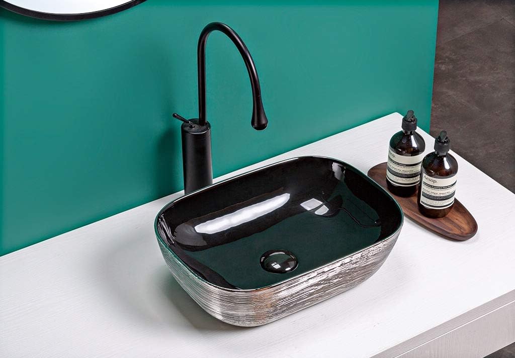 Ruvati 20 x 16 inch Bathroom Vessel Sink Silver Decorative Art Above Vanity Counter Black Ceramic - RVB2016BS | Rectangle Sink, Small Vessel Sink, Bathroom Sink Countertop, Ceramic Vessel Sinks