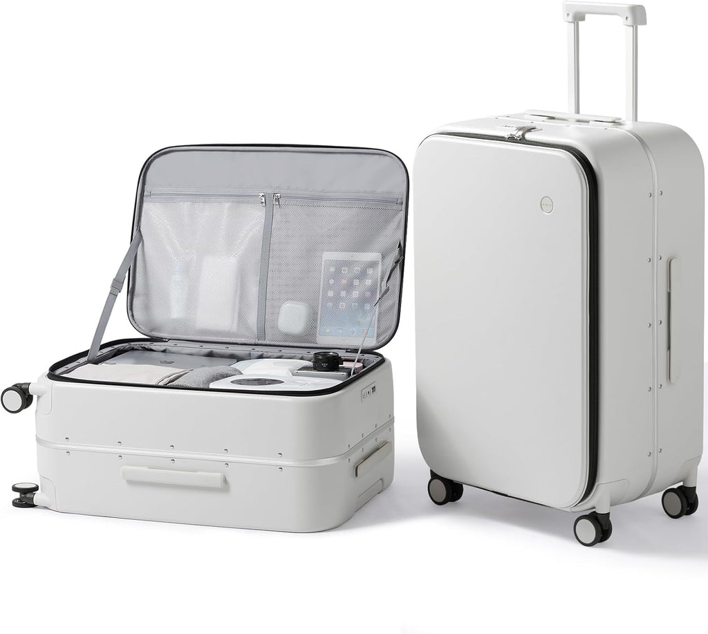 mixi 26 Inch Large Checked Luggage PC Hard Shell Suitcase Top Opening Aluminum Frame Travel Suitcases with Wheels, Smoke White