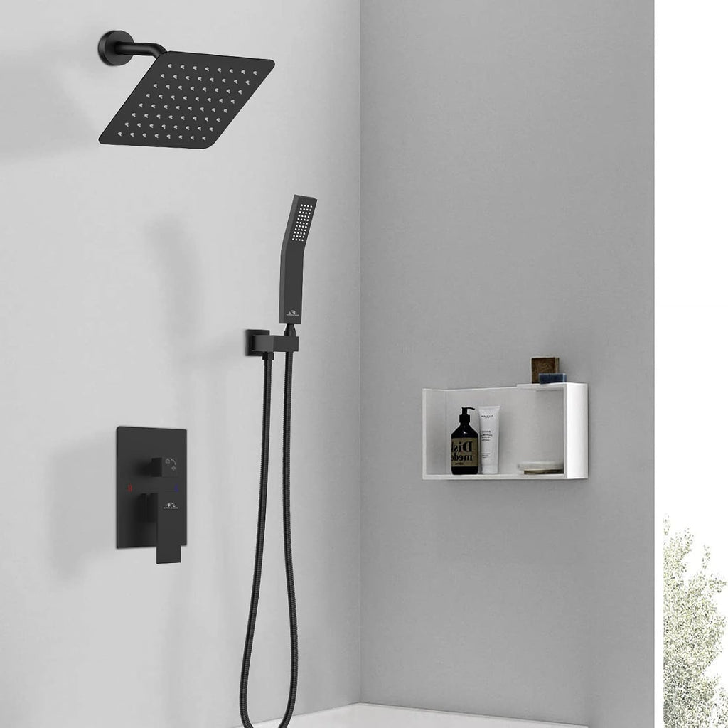 Shower System Rainfall Shower Faucets Set Matte Black, 8 Inch Wall Mounted Rain Shower Head with Handheld Spray Shower Valve and Trim Included