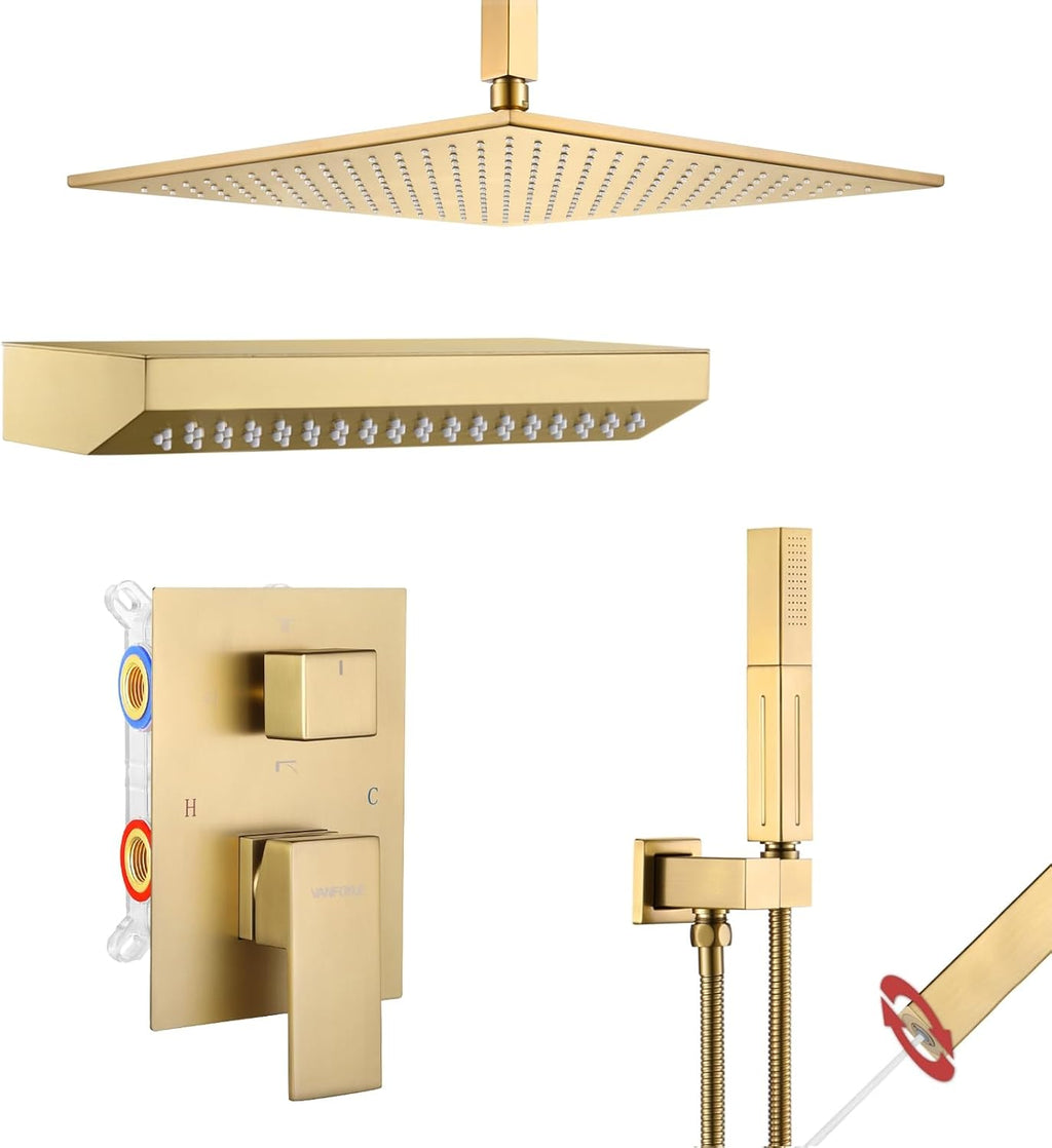VANFOXLE Shower Faucet Set Brushed Gold Shower System, Four Modes Shower Faucet with 2 in 1 Handheld, Ceiling Mount 12 Inch Shower Head with 14 * 7 Inch Shoulder-Mounted Shower Massager