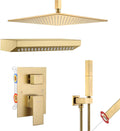 VANFOXLE Shower Faucet Set Brushed Gold Shower System, Four Modes Shower Faucet with 2 in 1 Handheld, Ceiling Mount 12 Inch Shower Head with 14 * 7 Inch Shoulder-Mounted Shower Massager