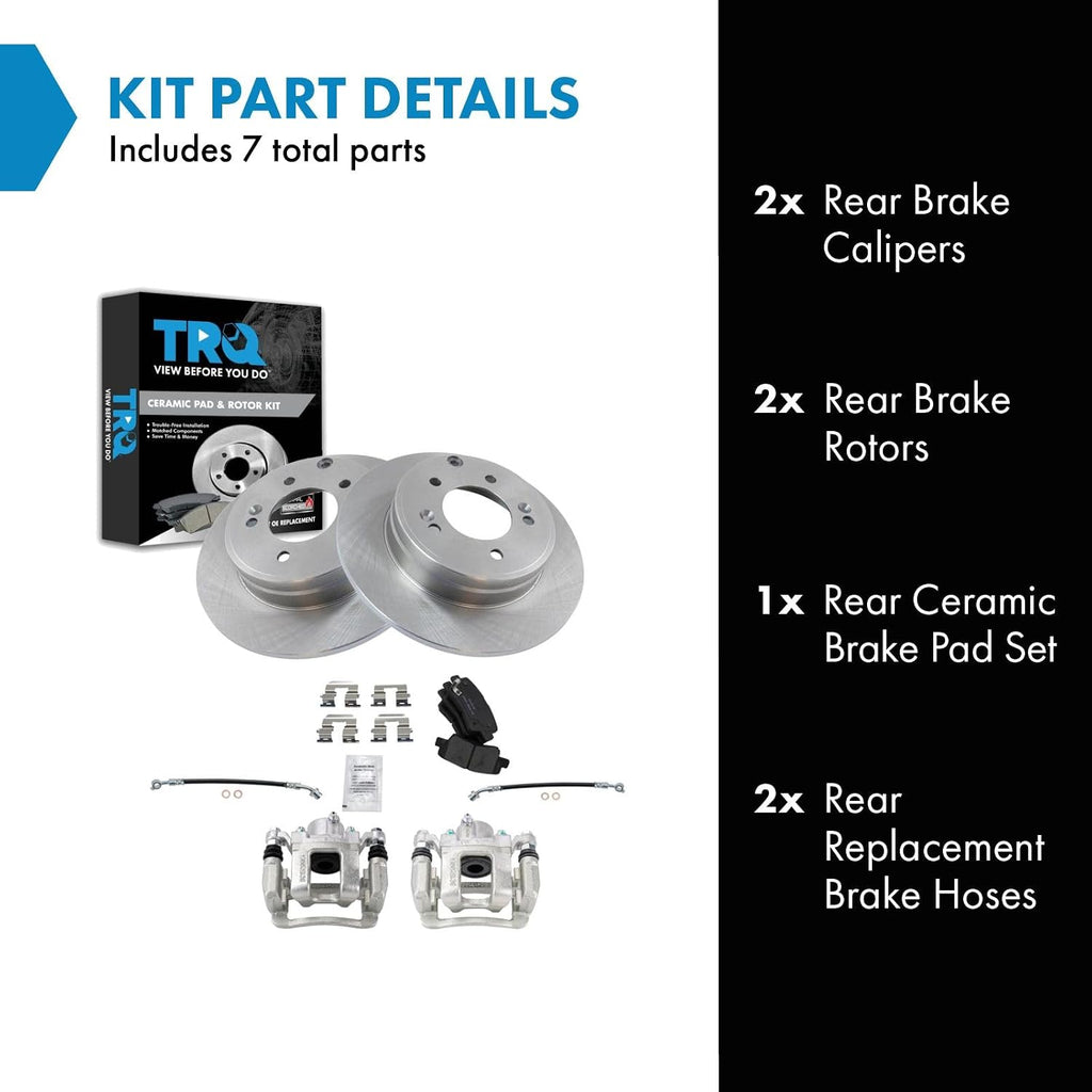 TRQ Rear Brake Pad and Rotor Set Ceramic Calipers Hoses Compatible with 2011-2015 Hyundai Sonata Kia Optima