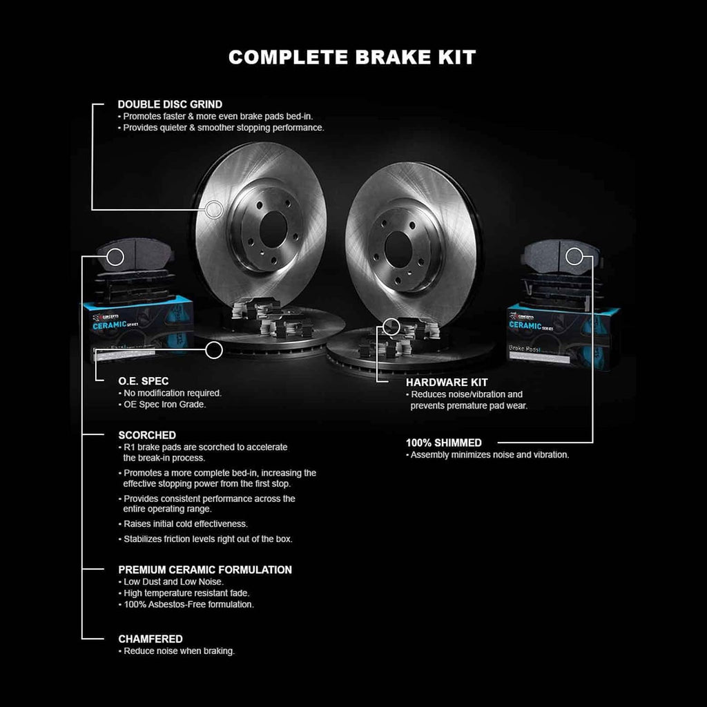 R1 Concepts Front and Rear Brake Kit Fits 2007-2018 BMW X5; 2011-2019 BMW X6| Ceramic Pads, Blank Rotors| Hardware| 13.1' Front & 12.6' Rear