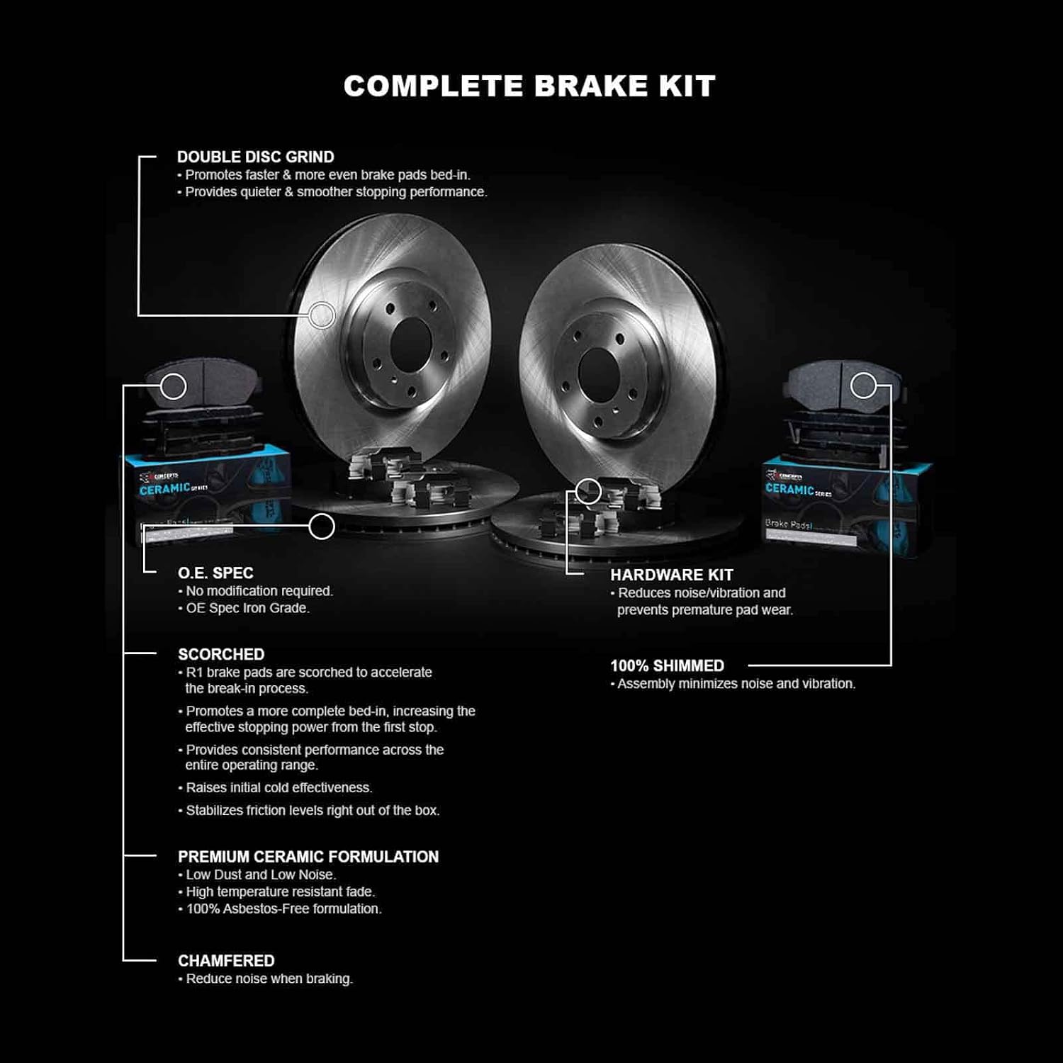 R1 Concepts Front and Rear Brake Kit Fits 2007-2018 BMW X5; 2011-2019 BMW X6| Ceramic Pads, Blank Rotors| Hardware| 13.1' Front & 12.6' Rear