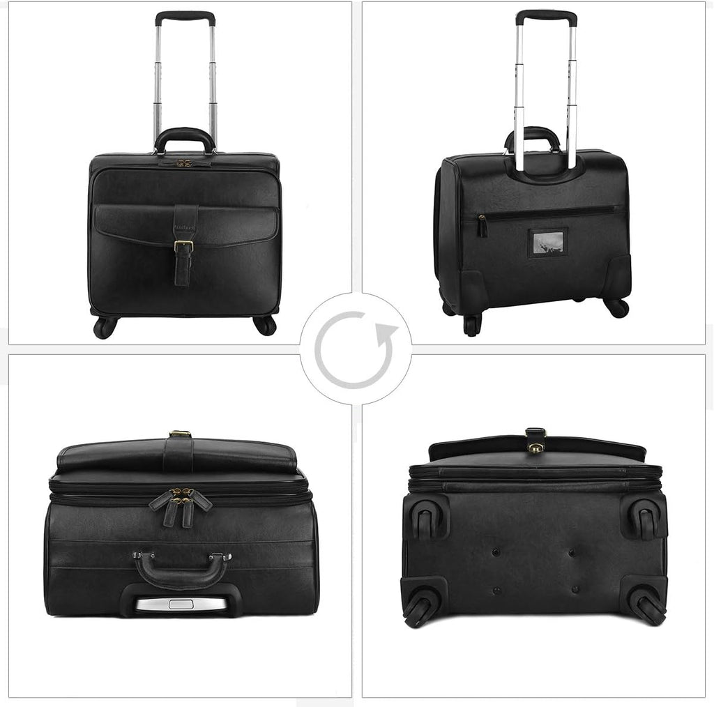 Leathario Leather Rolling Laptop Case Wheeled Briefcase Suitcase Roller Boarding
