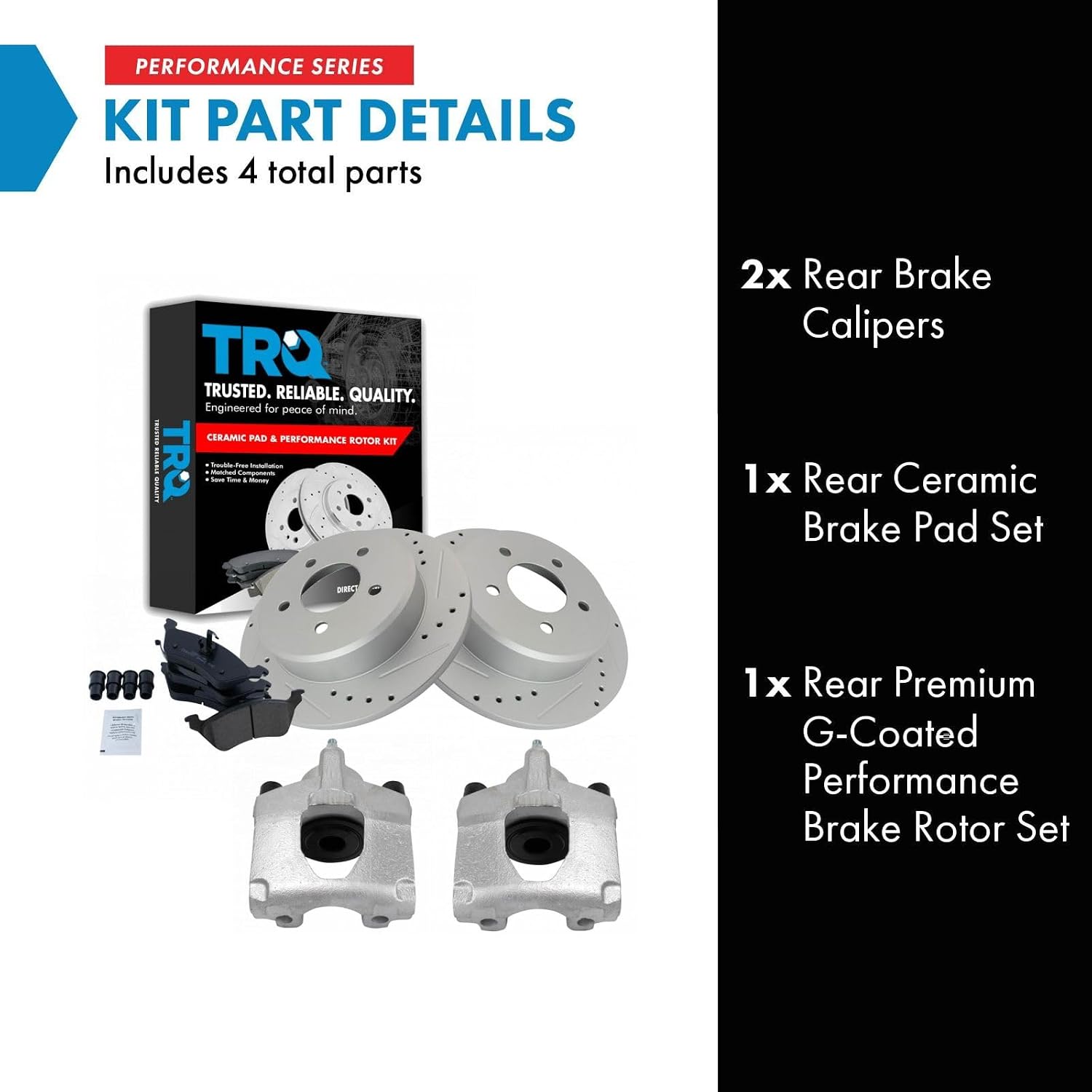 TRQ Performance Rear Brake Pad and Rotor Set Ceramic Coated Drilled Slotted Vented Rotors Calipers Compatible with 2001-2007 Chrysler Town & Country Dodge Caravan Grand Caravan