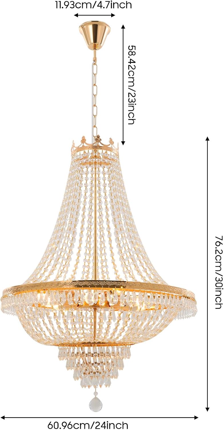 Luxury Crystal Chandelier, Modern Gold/Silver French Empire Crystal Ceiling Chandelier LED Ceiling Light Fixture Lamp Hanging Lighting Home Decor Lamp for Living Room Bedroom Foyer (Gold)