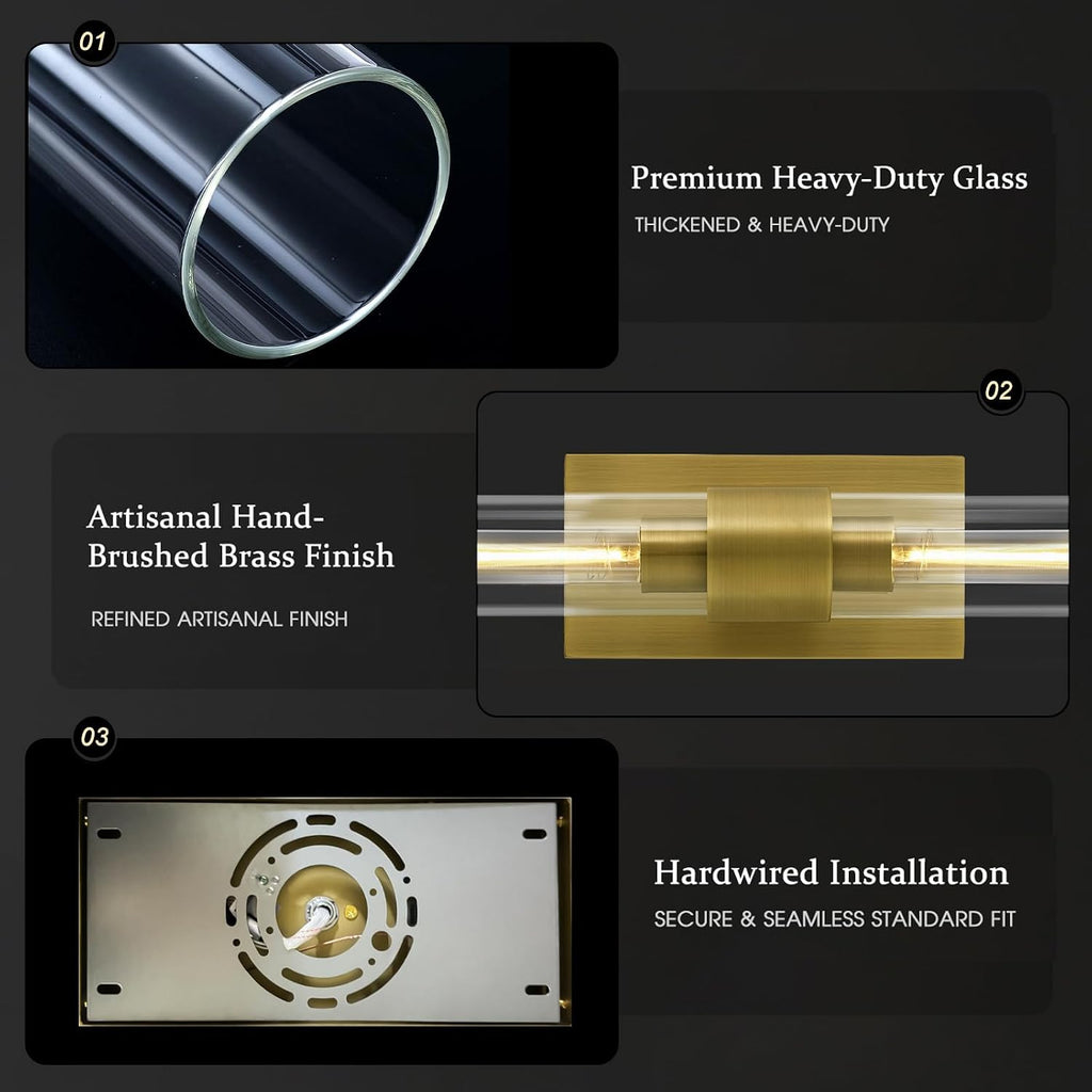 22.8' Brass Wall Sconces Set of 2, Modern Luxury 2-Light Bathroom Vanity Lights with Glass Tube Shade, Dimmable Hardwired Gold Wall Sconce for Bathroom Mirror, Living Room, Hallway (Bulbs Included)