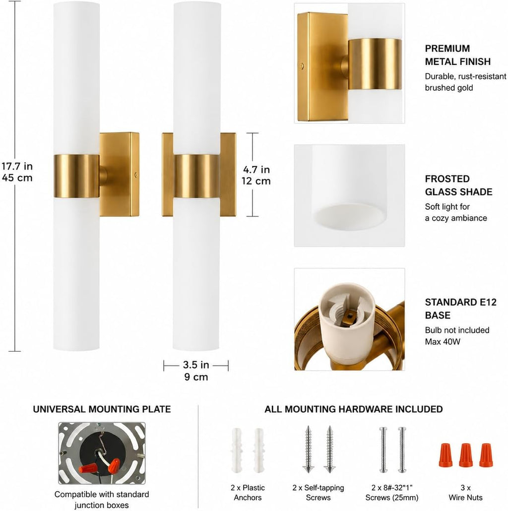 DORESshop Wall Sconce Set of 2, Modern Vanity Lights with Frosted Glass Shade, Sconces Wall Decor Set of 2 for Bathrooms Living Room Stairs Bedroom, Gold, 17.7in