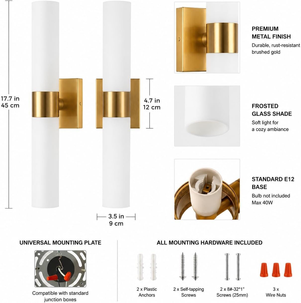 DORESshop Wall Sconce Set of 2, Modern Vanity Lights with Frosted Glass Shade, Sconces Wall Decor Set of 2 for Bathrooms Living Room Stairs Bedroom, Gold, 17.7in