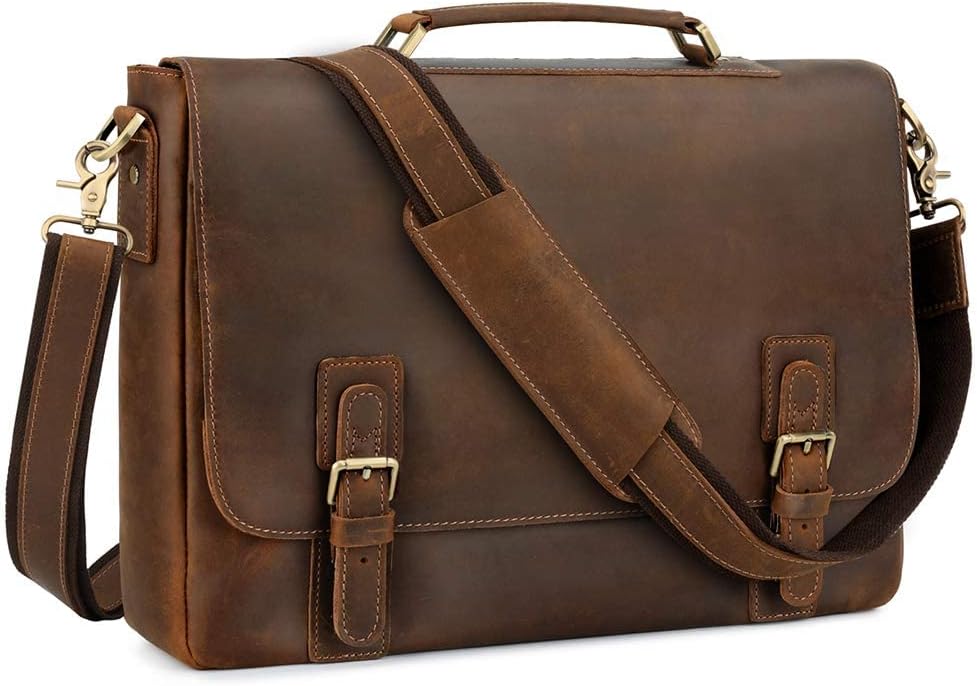 Kattee Men's Leather Satchel Briefcase, 15.6' Laptop Messenger Shoulder Bag Tote