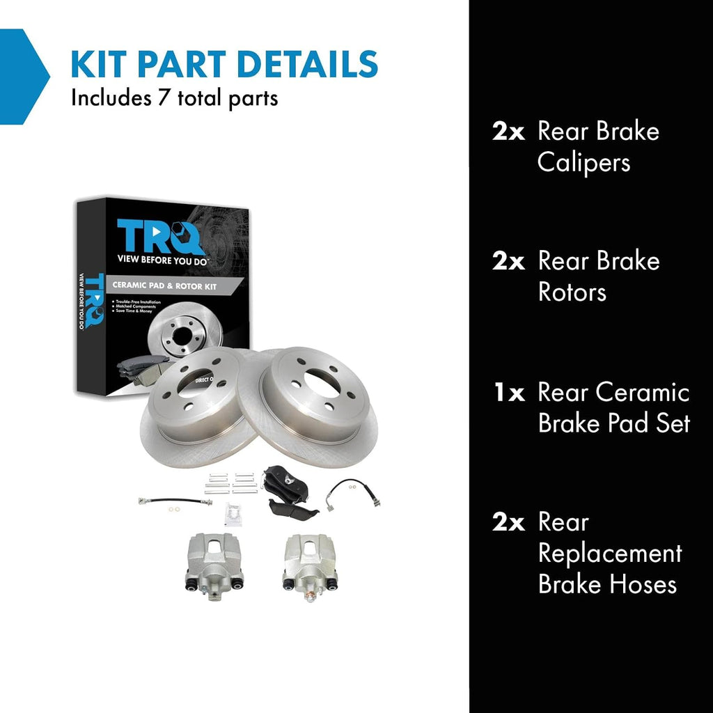 TRQ Rear Brake Pad and Rotor Set Ceramic Rotors Calipers Hoses Compatible with 2006-2007 Jeep Liberty