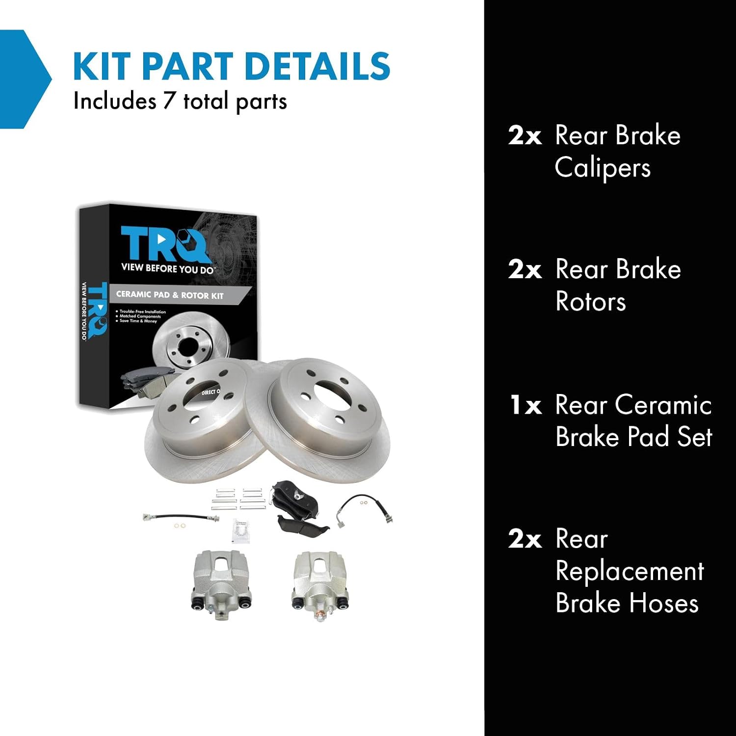 TRQ Rear Brake Pad and Rotor Set Ceramic Rotors Calipers Hoses Compatible with 2006-2007 Jeep Liberty