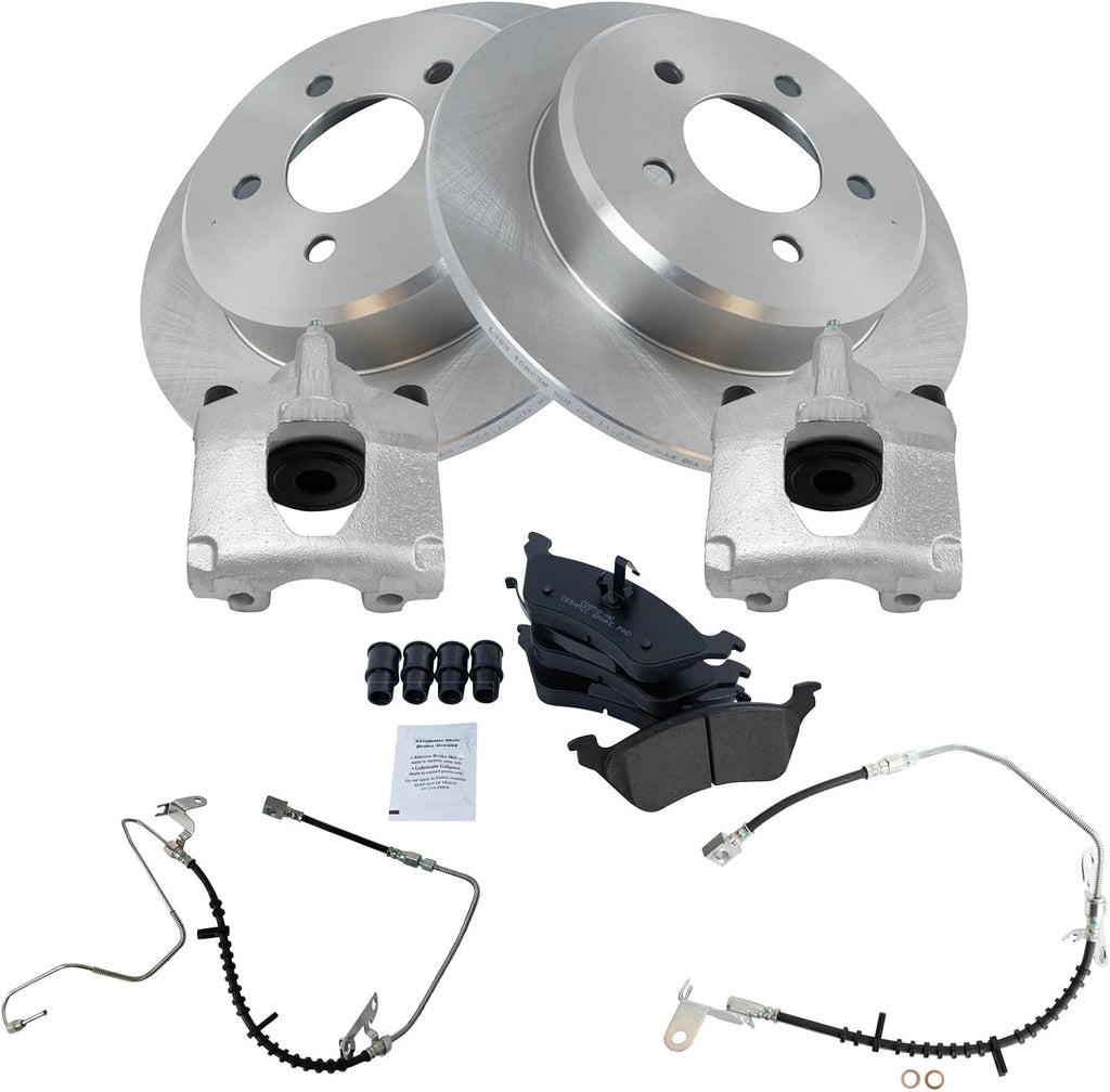 TRQ Rear Brake Pad and Rotor Set Ceramic Rotors Calipers Hoses Compatible with 2001-2004 Chrysler Town and Country 2005-2007 Dodge Caravan 2001-2002 Grand Caravan