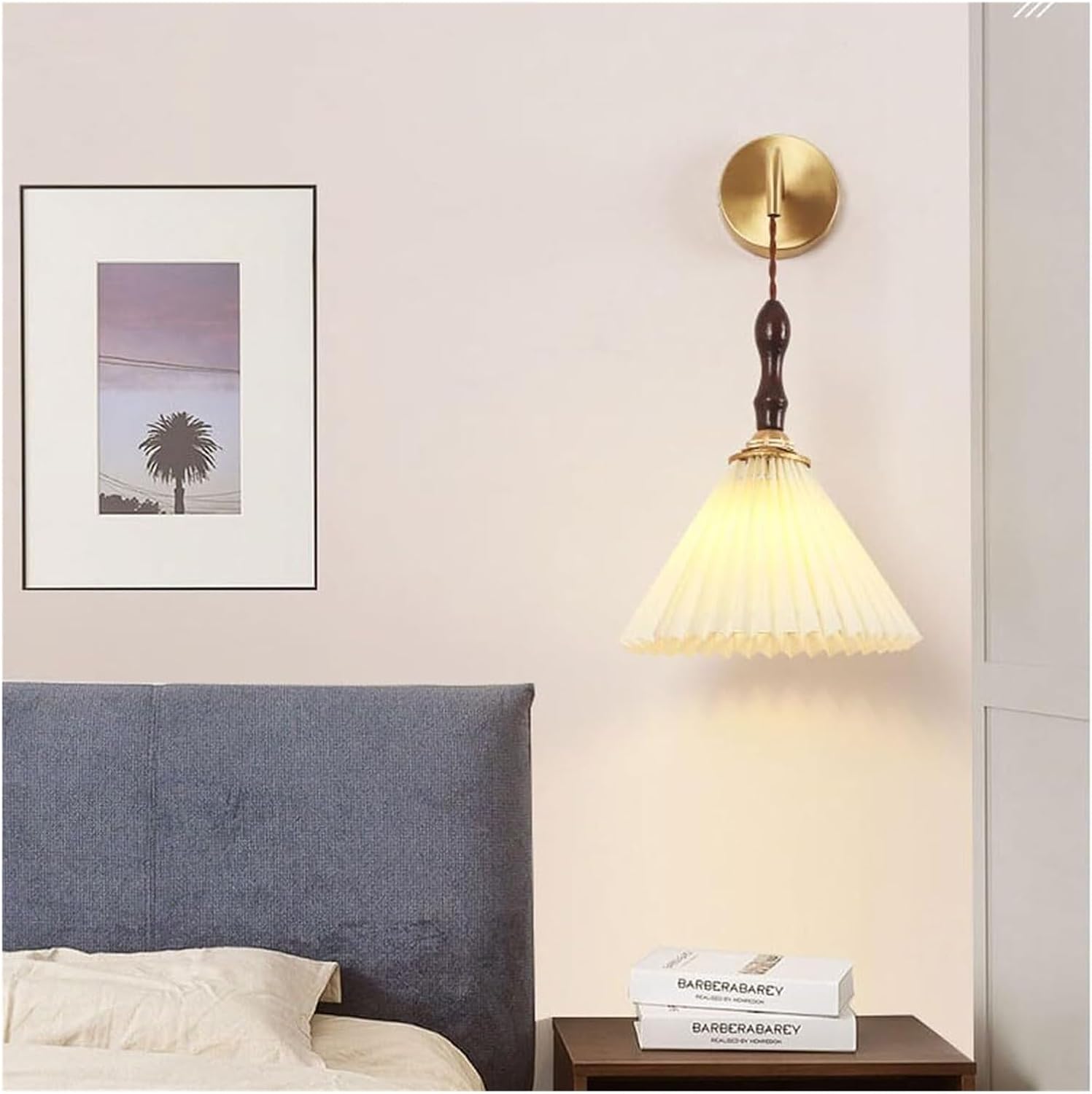 Wall Lamps Sconces Scandinavian Walnut Nightstand Wall Fixture Brass Hallway Accent Light with Pleated Fabric Cover Gold Tone Lamp Indoor Wired Mid-Century Bedroom Mounted Lighting for Bathroom D