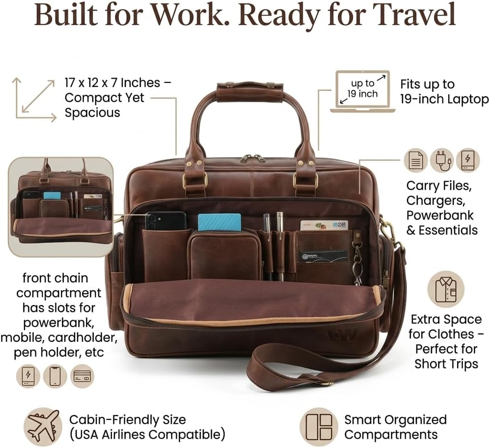 Handmade World Full Grain Leather Briefcase for Men – Large Brown Laptop Bag Fits Up to 19 Inch, Executive Office Work Bag