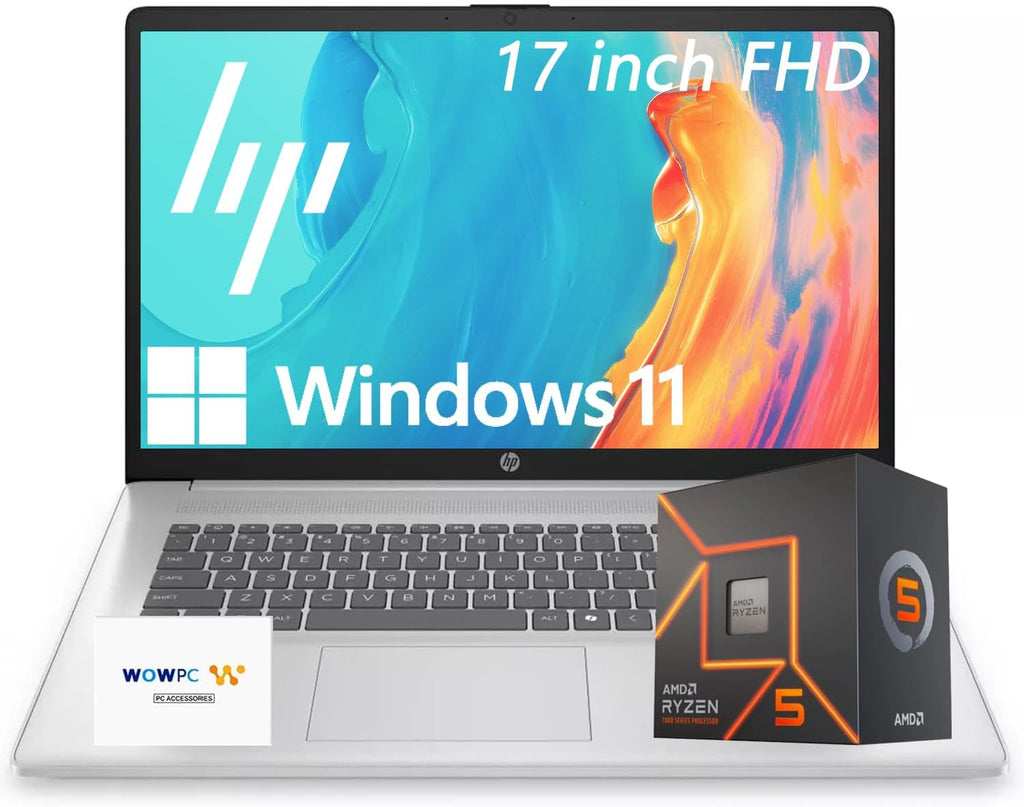 HP 17.3 Inch FHD Business Laptop with Office 365 for The Web, AMD 7000 Series Ryzen Processor (Beats Intel i7-1355U), Copilot AI, 16GB RAM, 1TB SSD, HDMI, Wi-Fi 6, Windows 11, WOWPC USB, No Mouse