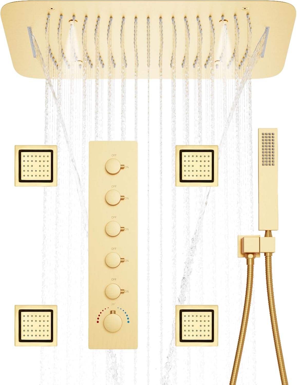 5 Function Thermostatic Shower System 16X24 inch Shower Head Set with Handheld Spray, 4 Body Jet, Brushed Gold