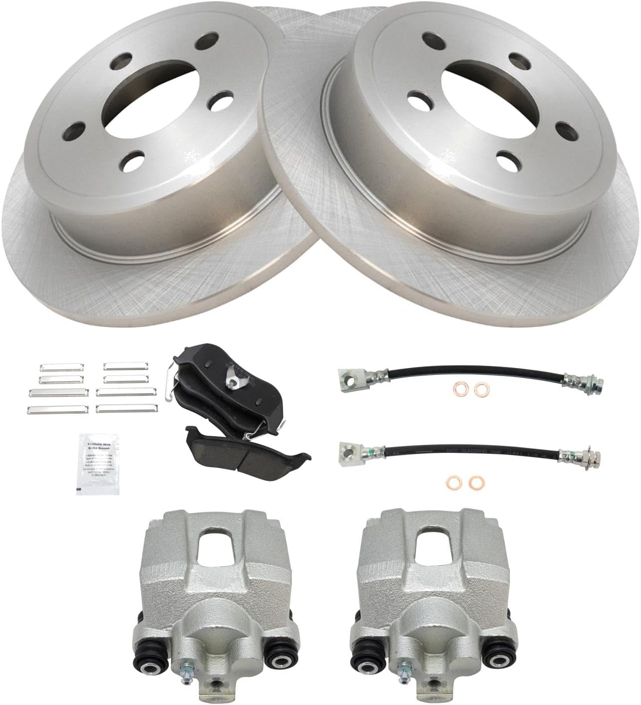 TRQ Rear Brake Pad and Rotor Set Ceramic Rotors Calipers Hoses Compatible with 2003-2005 Jeep Liberty