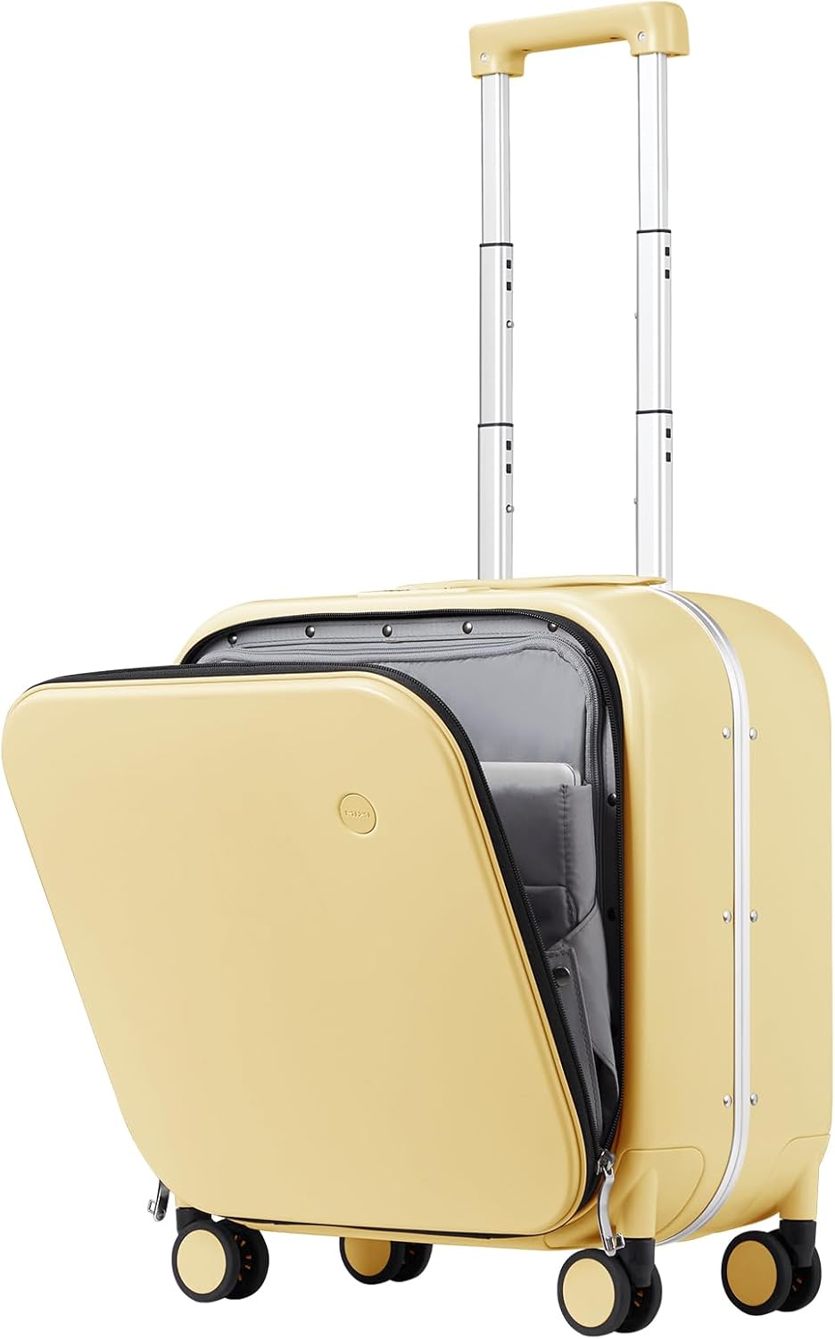 mixi Carry On Luggage, 18' Suitcase with Front Pocket, Travel Luggage Aluminum Frame PC Hardside with Spinner Wheels & TSA Lock and Cover (Not for Underseat), Lark Yellow
