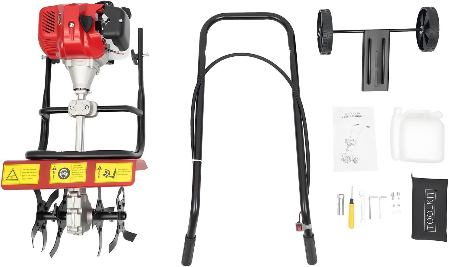 52CC Mini Hand Push Tiller Cultivator with Wheels, 2HP 2-Stroke Air-Cooled Single Cylinder Gas Rototiller,7000RPM Recoil Tillage Ripper for Garden Lawn, Digging, Weed Removal,Soil Cultivation