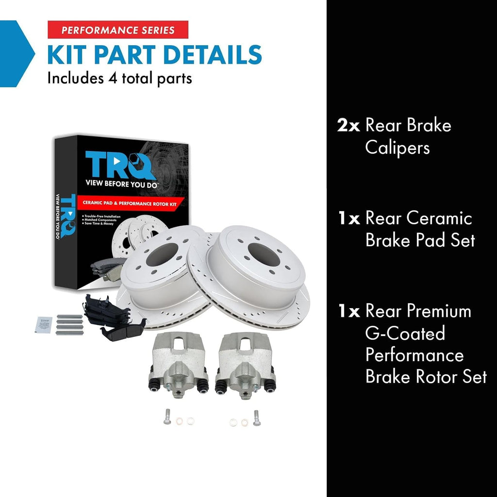 TRQ Performance Rear Brake Pad and Rotor Set Ceramic Vented Coated Slotted Drilled Rotors Calipers Compatible with 2004-2011 Ford F-150 2006-2008 Lincoln Mark LT