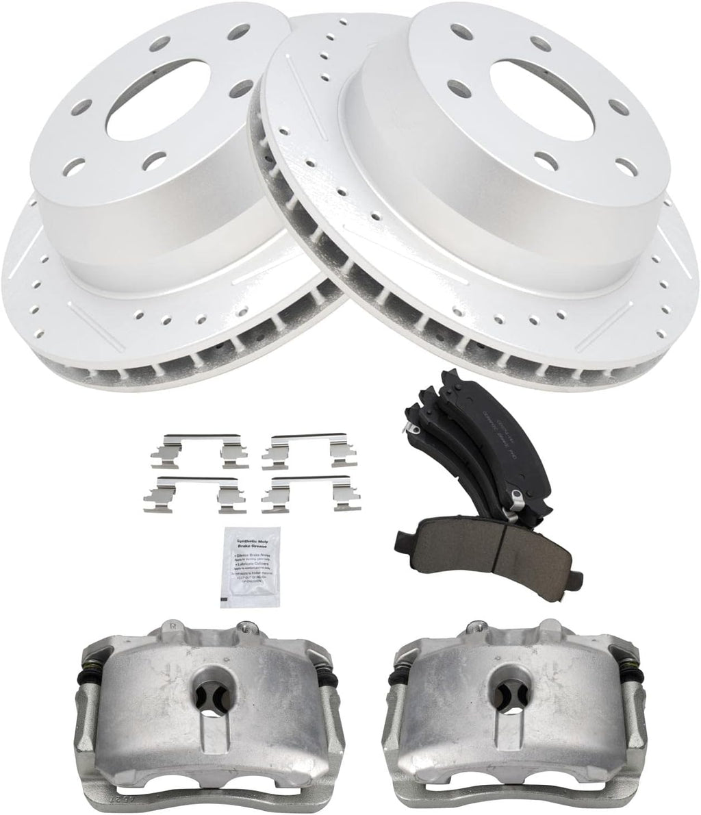TRQ Performance Rear Brake Calipers Ceramic Pads Drilled Rotors Compatible with 07-14 Express 1500