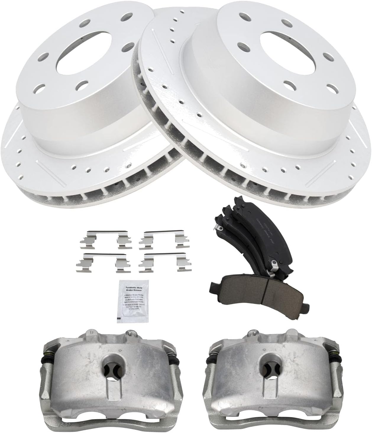 TRQ Performance Rear Brake Calipers Ceramic Pads Drilled Rotors Compatible with 07-14 Express 1500